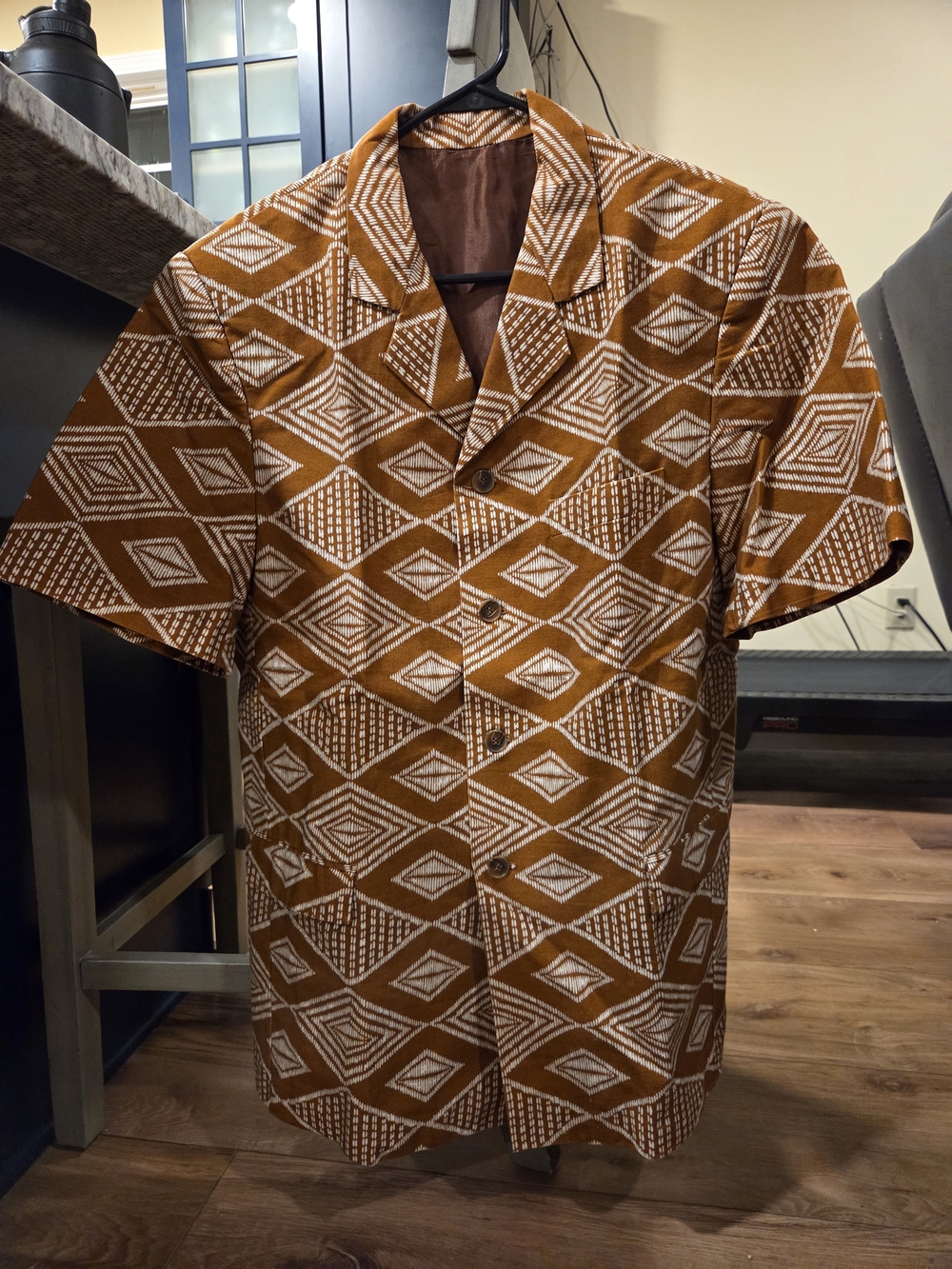 African Print Button-Down Short Sleeve Shirt Brown/White